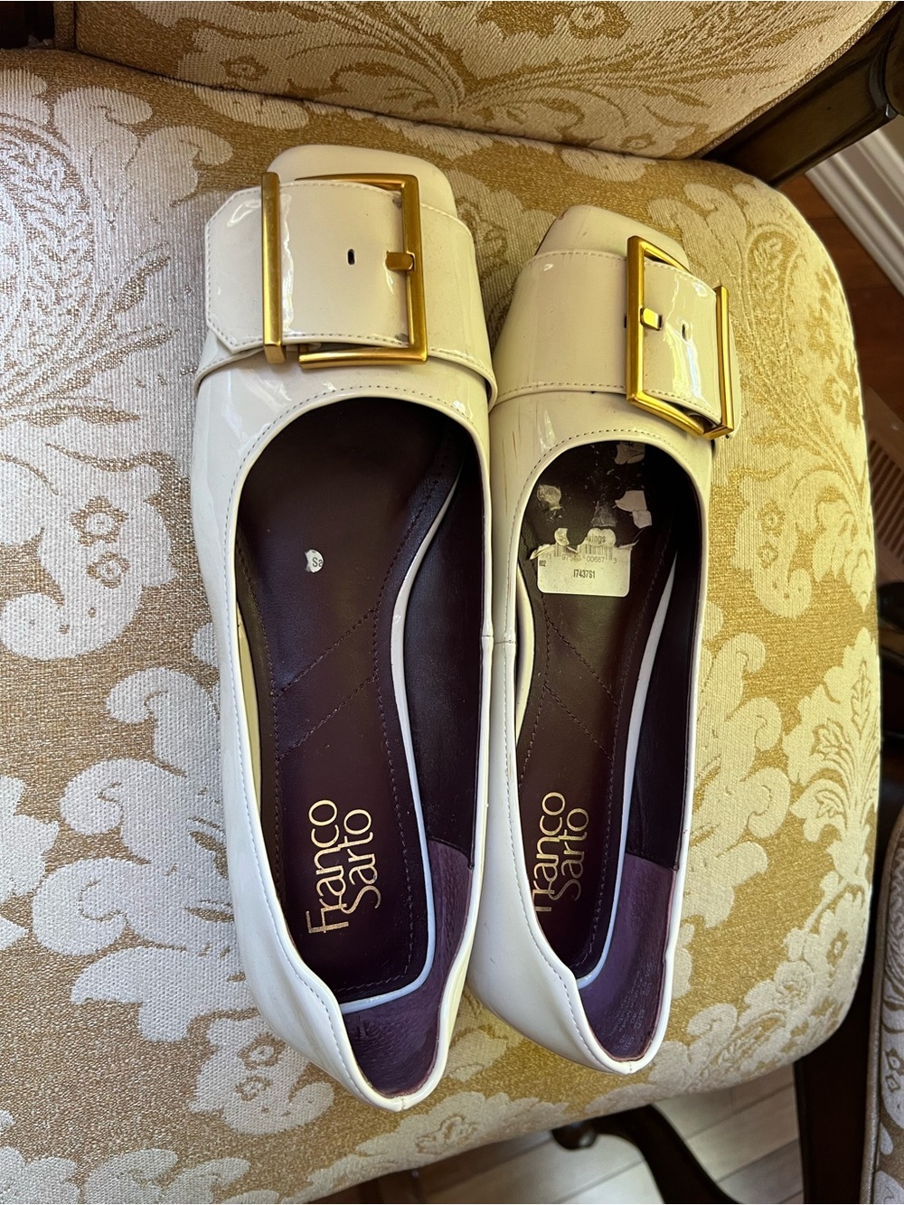 Franco Sarto Cream Patent Ballet Flats with Gold Buckle